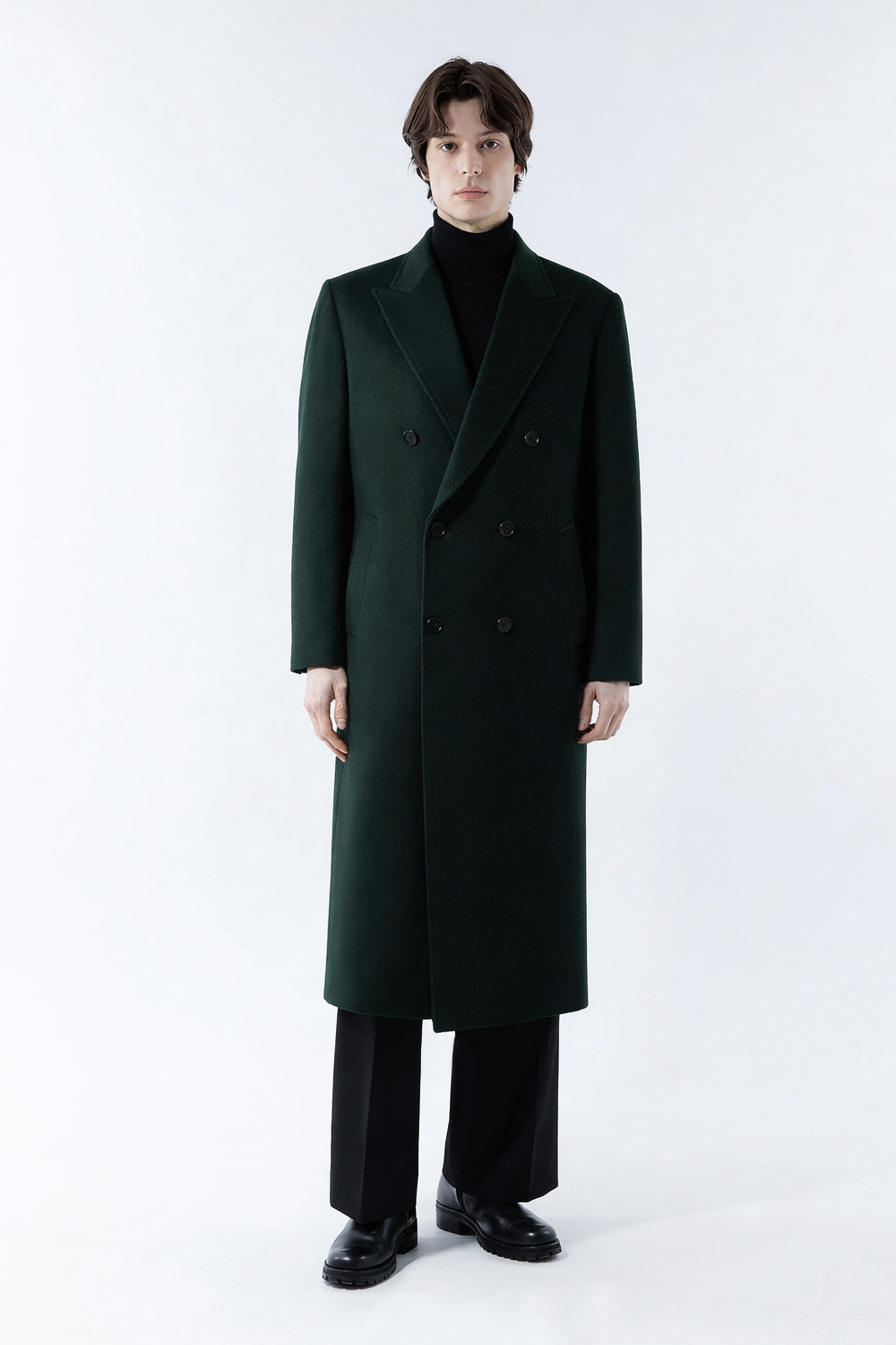LUXURY 캐시미어 50% 호시스티치 더블 옆포켓 딥-그린 슈퍼 롱코트