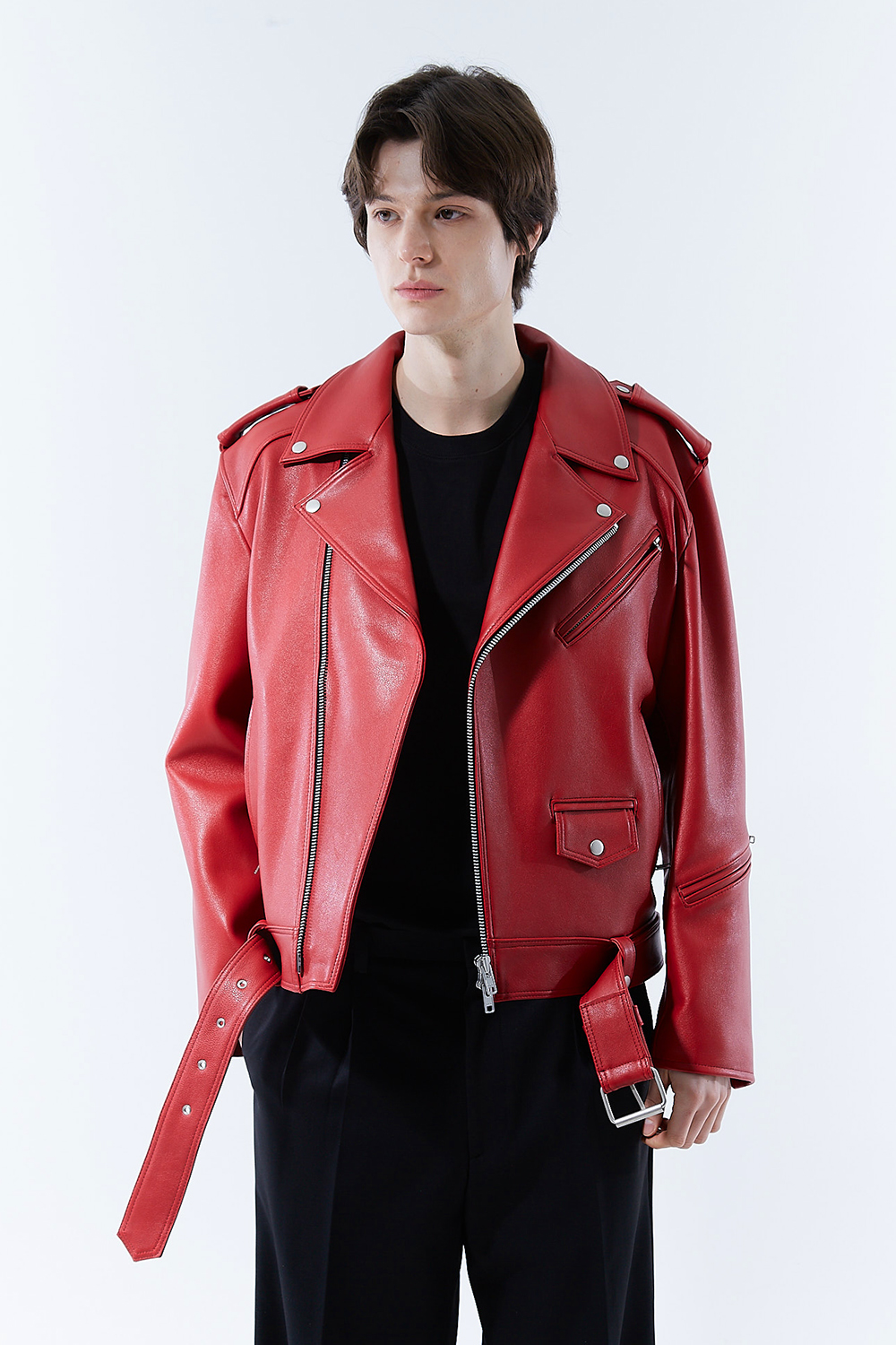 HIGH-END 스페셜 에디션 이중 여유분 벨트 딥-레드 가죽자켓 라이더자켓