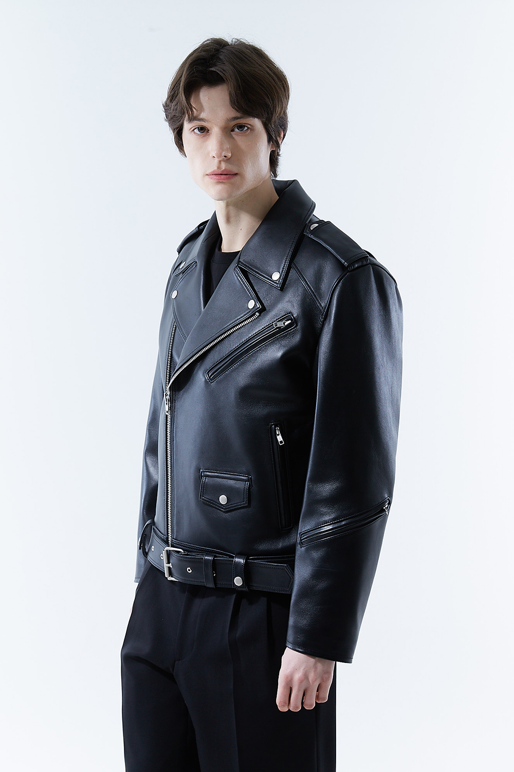 HIGH-END 스페셜 에디션 이중 여유분 벨트 딥-블랙 가죽자켓 라이더자켓
