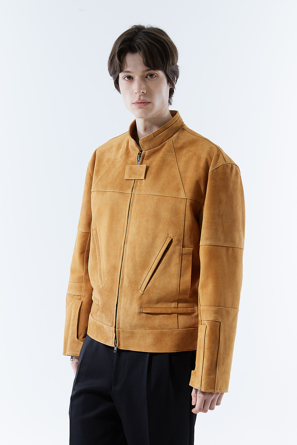 HIGH-END 리미티드-에디션 하이브리드 바이커 골드-카멜 스웨이드자켓