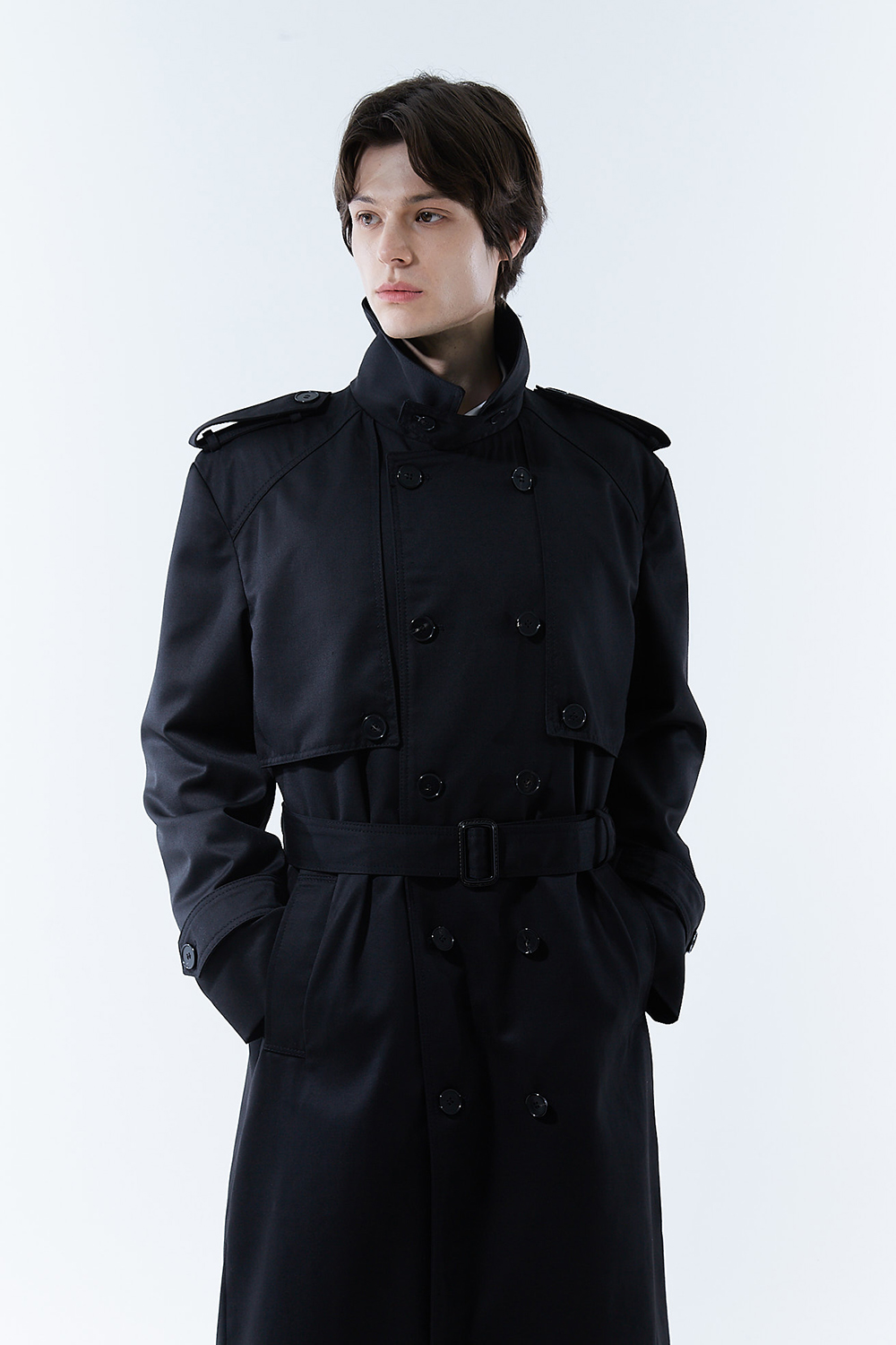 LUXURY 울 100% 하이브리드 딥-블랙 롱 트렌치코트
