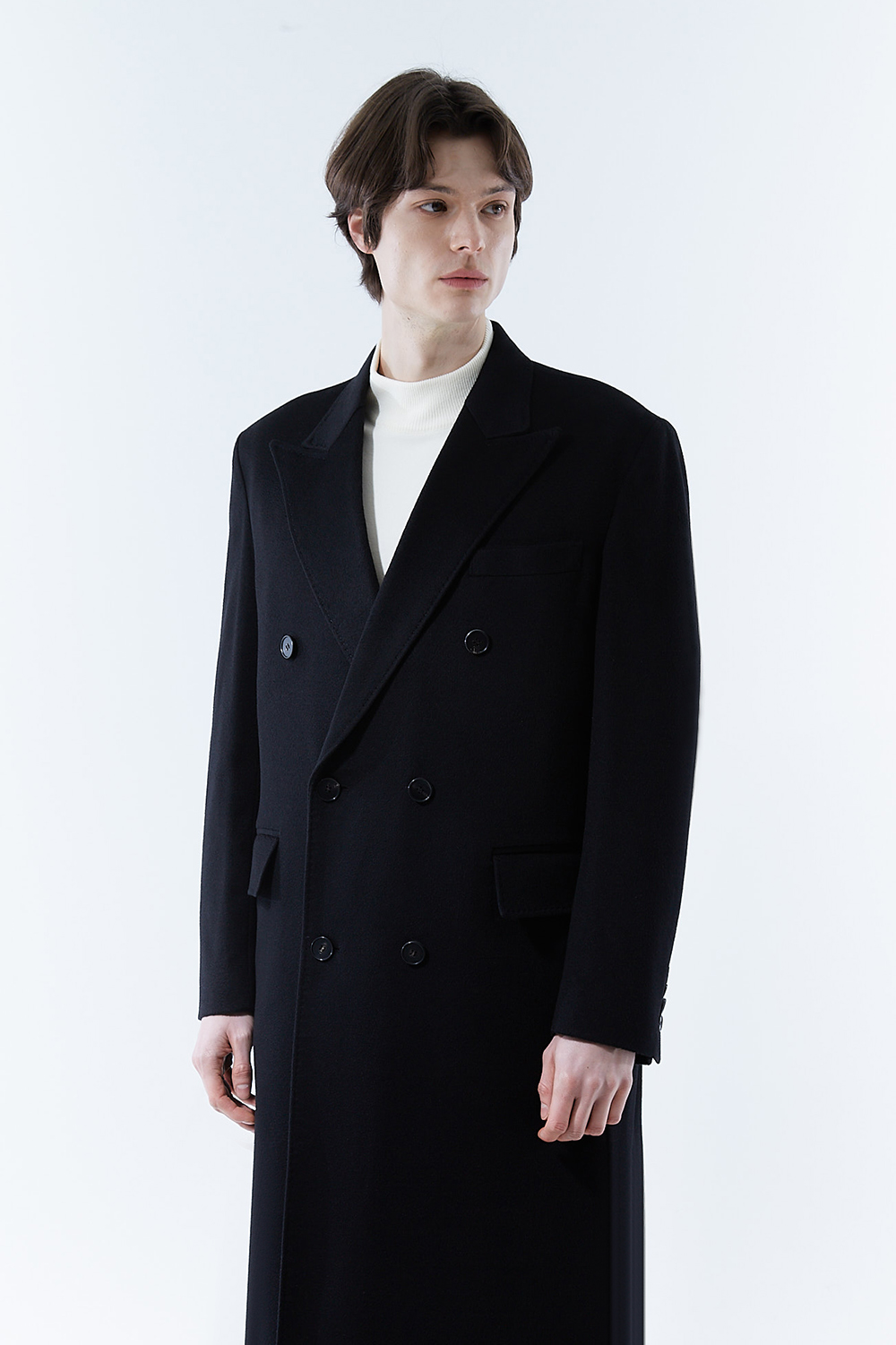 LUXURY 캐시미어 50% 테일러드 호시스티치 더블 딥-블랙 슈퍼 롱코트