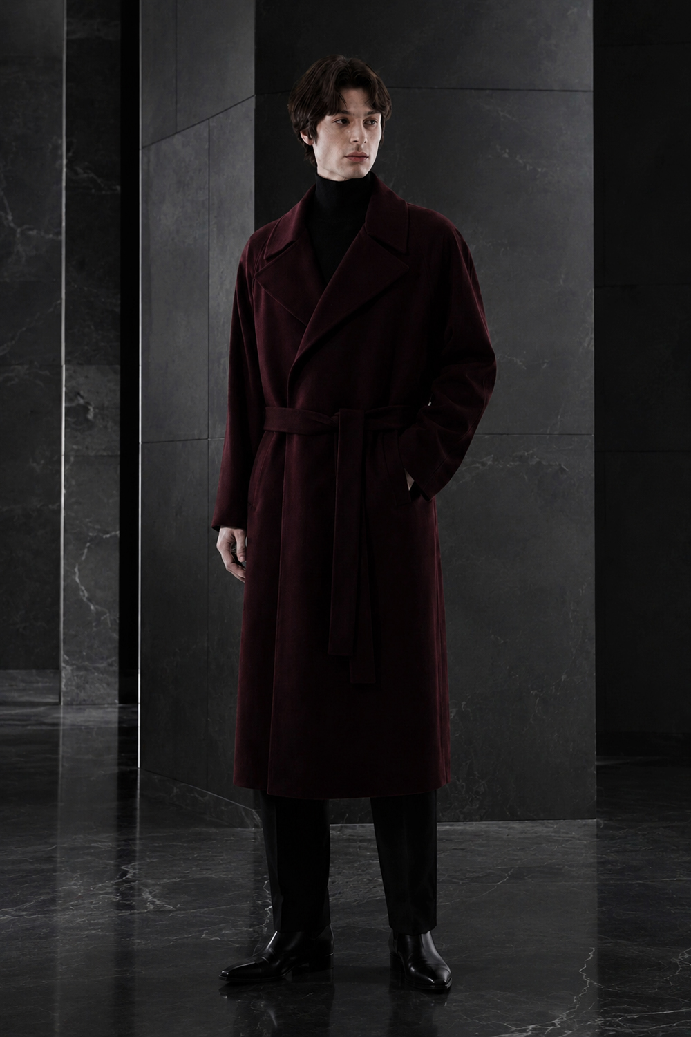 LUXURY 캐시미어 50% 로브코트 이중어깨선 버건디-와인 벨트 슈퍼 롱코트