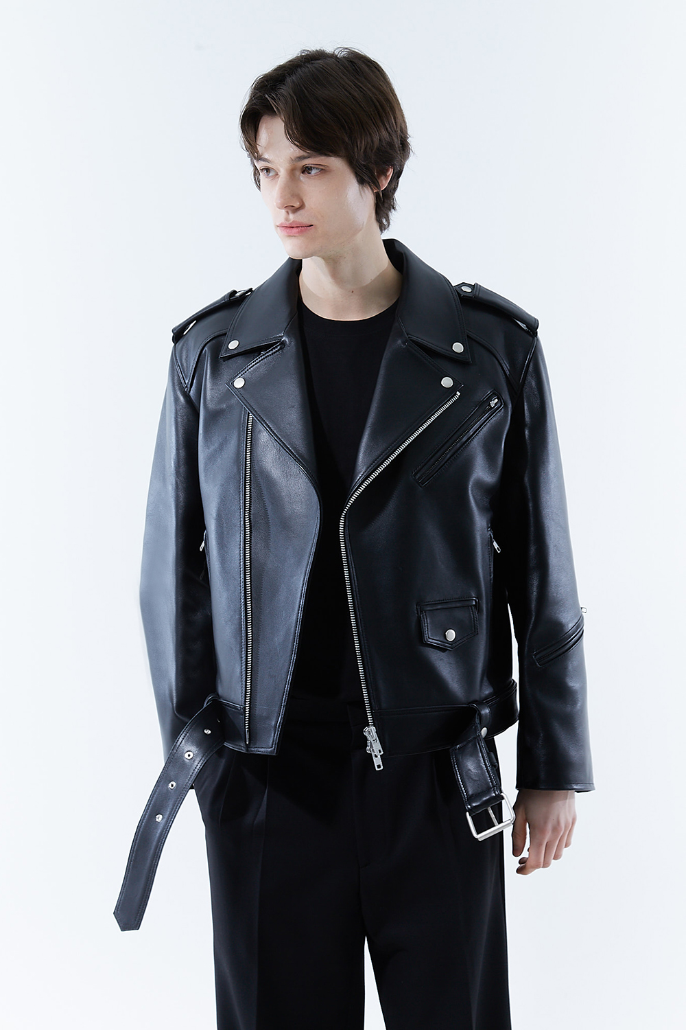 HIGH-END 스페셜 에디션 이중 여유분 벨트 딥-블랙 가죽자켓 라이더자켓