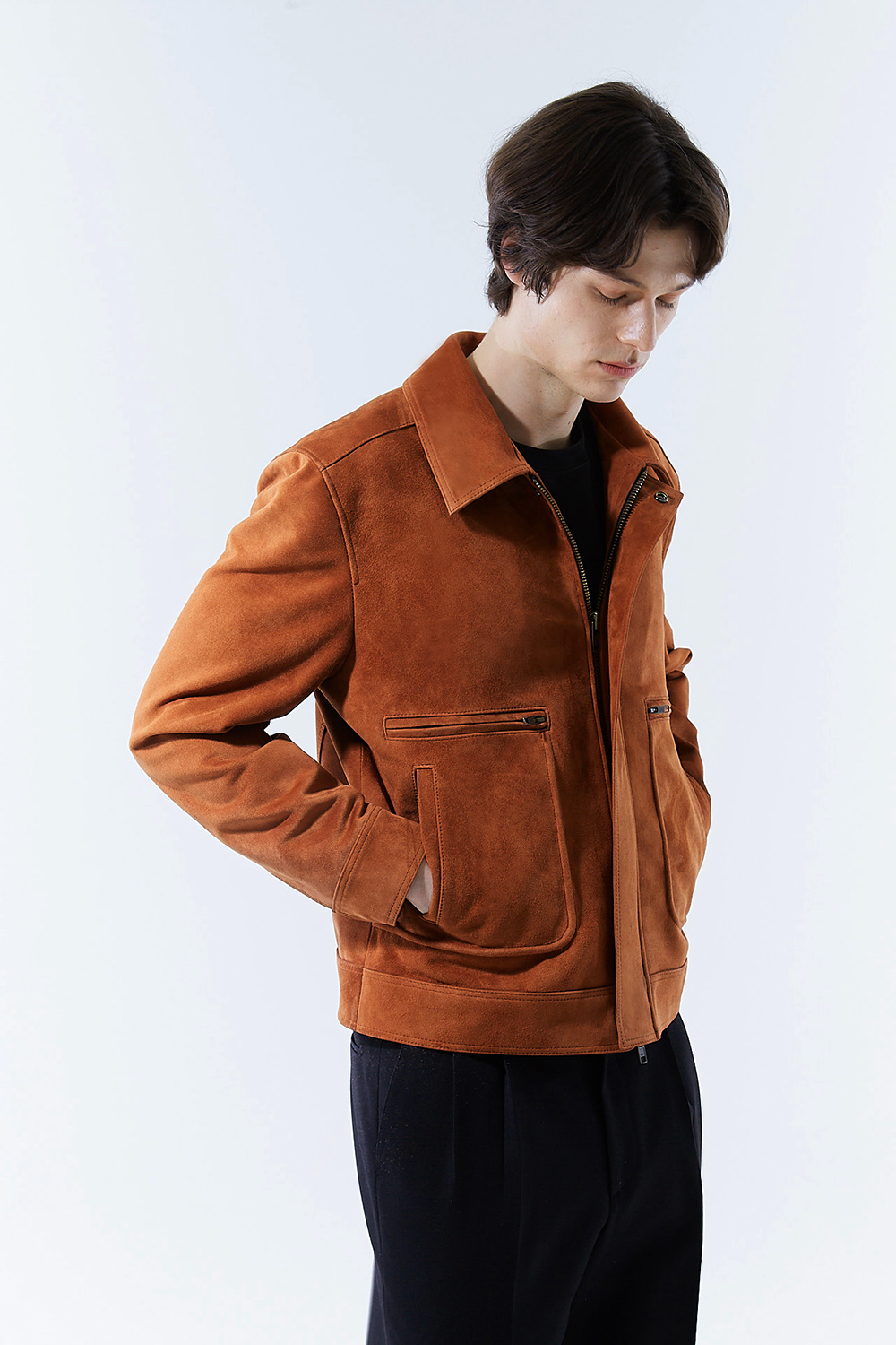 LUXURY 클래식 이중포켓 파이핑 꼬냑-브라운 스웨이드자켓