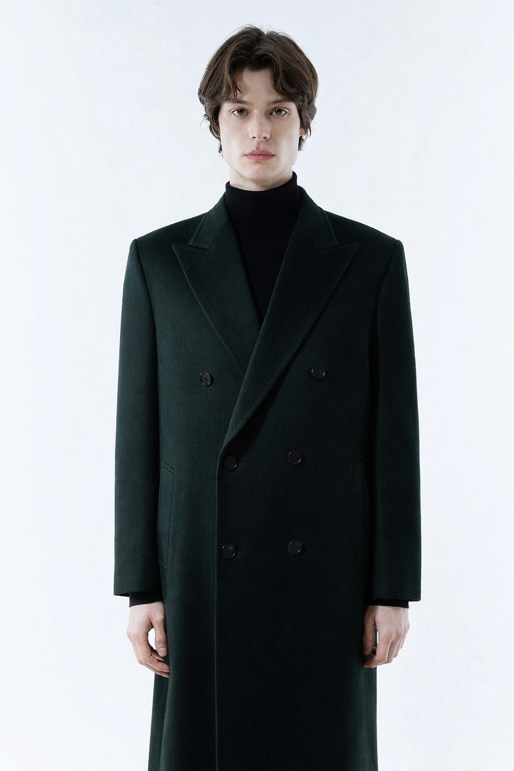 LUXURY 캐시미어 50% 호시스티치 더블 옆포켓 딥-그린 슈퍼 롱코트