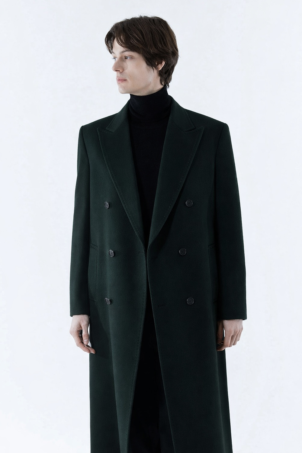 LUXURY 캐시미어 50% 호시스티치 더블 옆포켓 딥-그린 슈퍼 롱코트