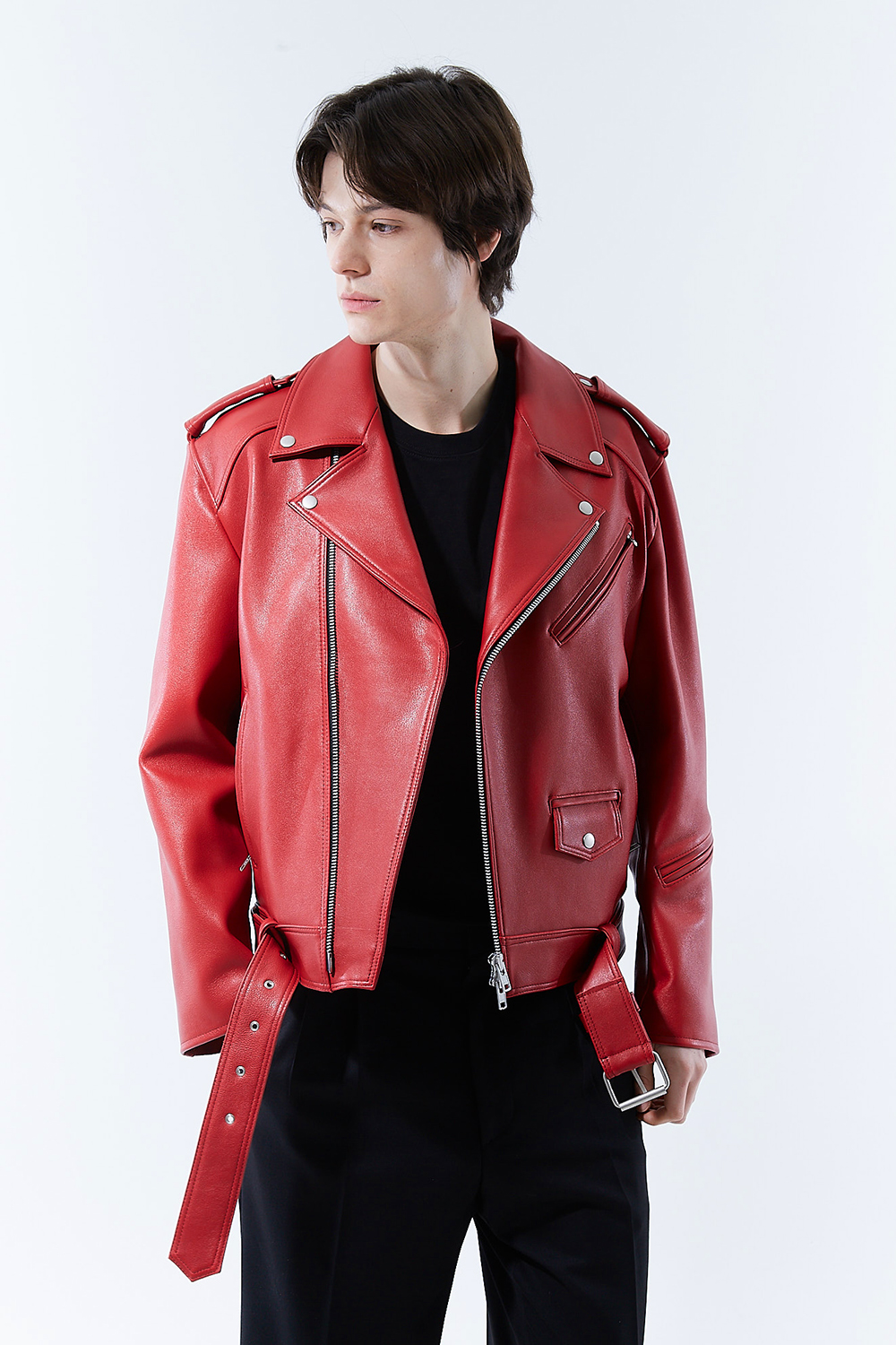 HIGH-END 스페셜 에디션 이중 여유분 벨트 딥-레드 가죽자켓 라이더자켓