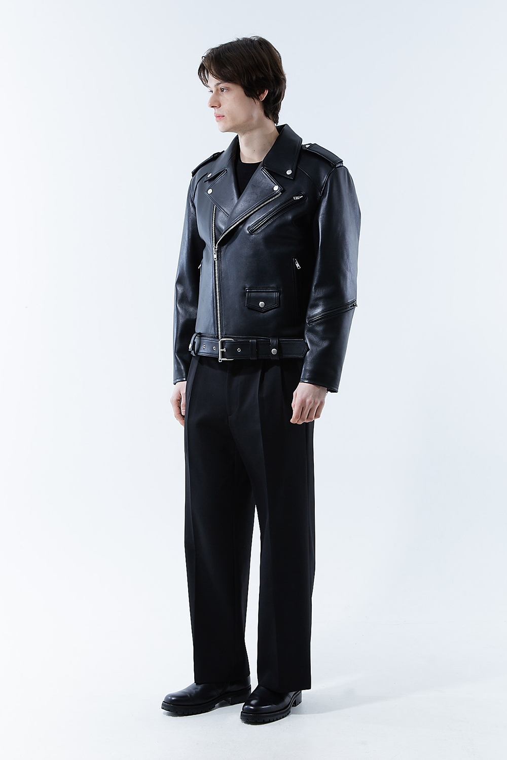 HIGH-END 스페셜 에디션 이중 여유분 벨트 딥-블랙 가죽자켓 라이더자켓