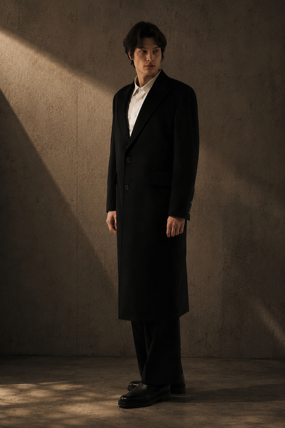 BRESCHI 브레스키 이태리 캐시미어 100% 호시스티치 피크드카라 투버튼 싱글 딥-블랙 슈퍼 롱코트