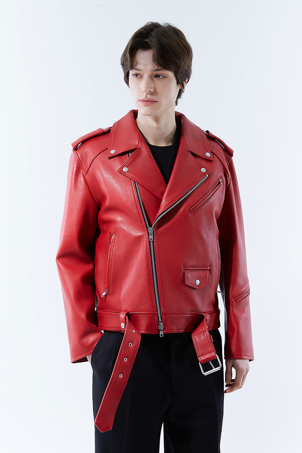 HIGH-END 스페셜 에디션 이중 여유분 벨트 딥-레드 가죽자켓 라이더자켓