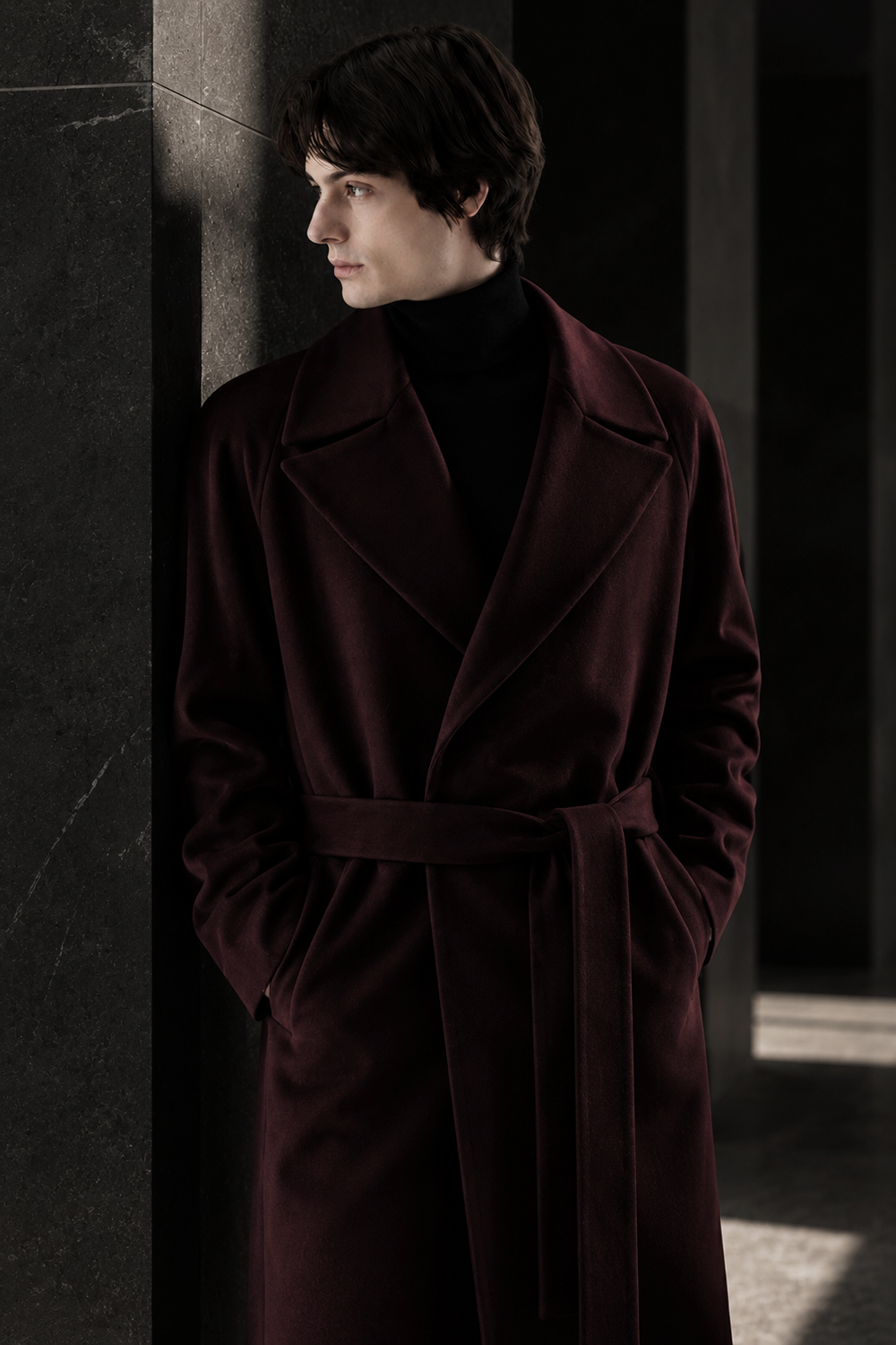 LUXURY 캐시미어 50% 로브코트 이중어깨선 버건디-와인 벨트 슈퍼 롱코트