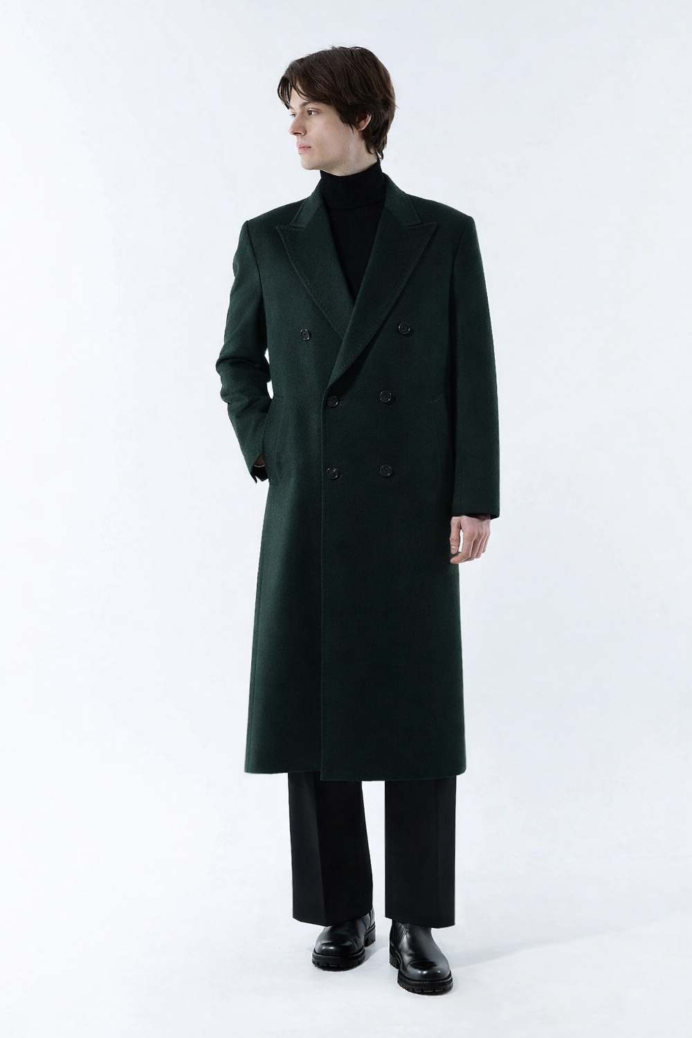LUXURY 캐시미어 50% 호시스티치 더블 옆포켓 딥-그린 슈퍼 롱코트