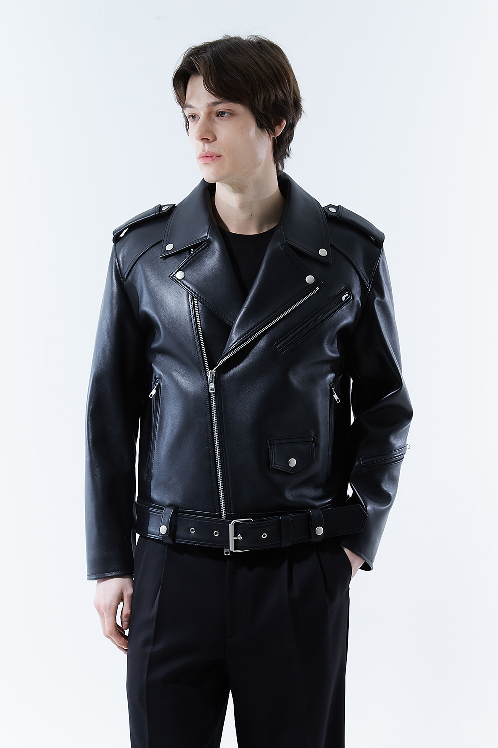HIGH-END 스페셜 에디션 이중 여유분 벨트 딥-블랙 가죽자켓 라이더자켓