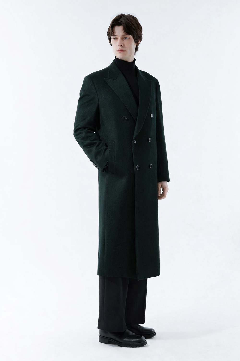 LUXURY 캐시미어 50% 호시스티치 더블 옆포켓 딥-그린 슈퍼 롱코트