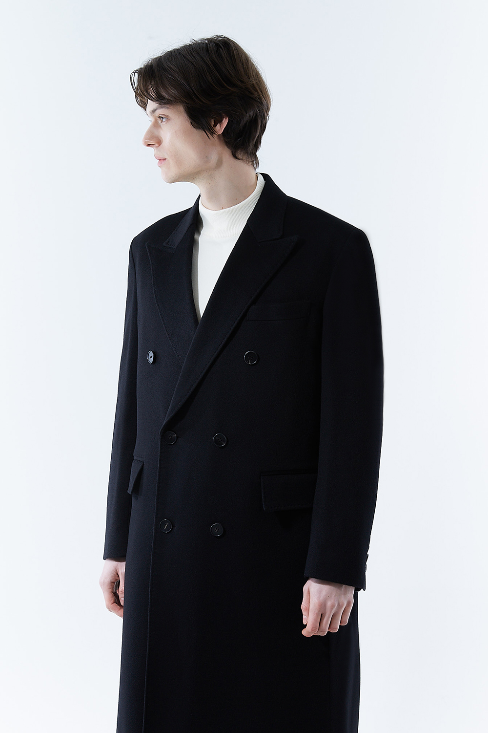 LUXURY 캐시미어 50% 테일러드 호시스티치 더블 딥-블랙 슈퍼 롱코트