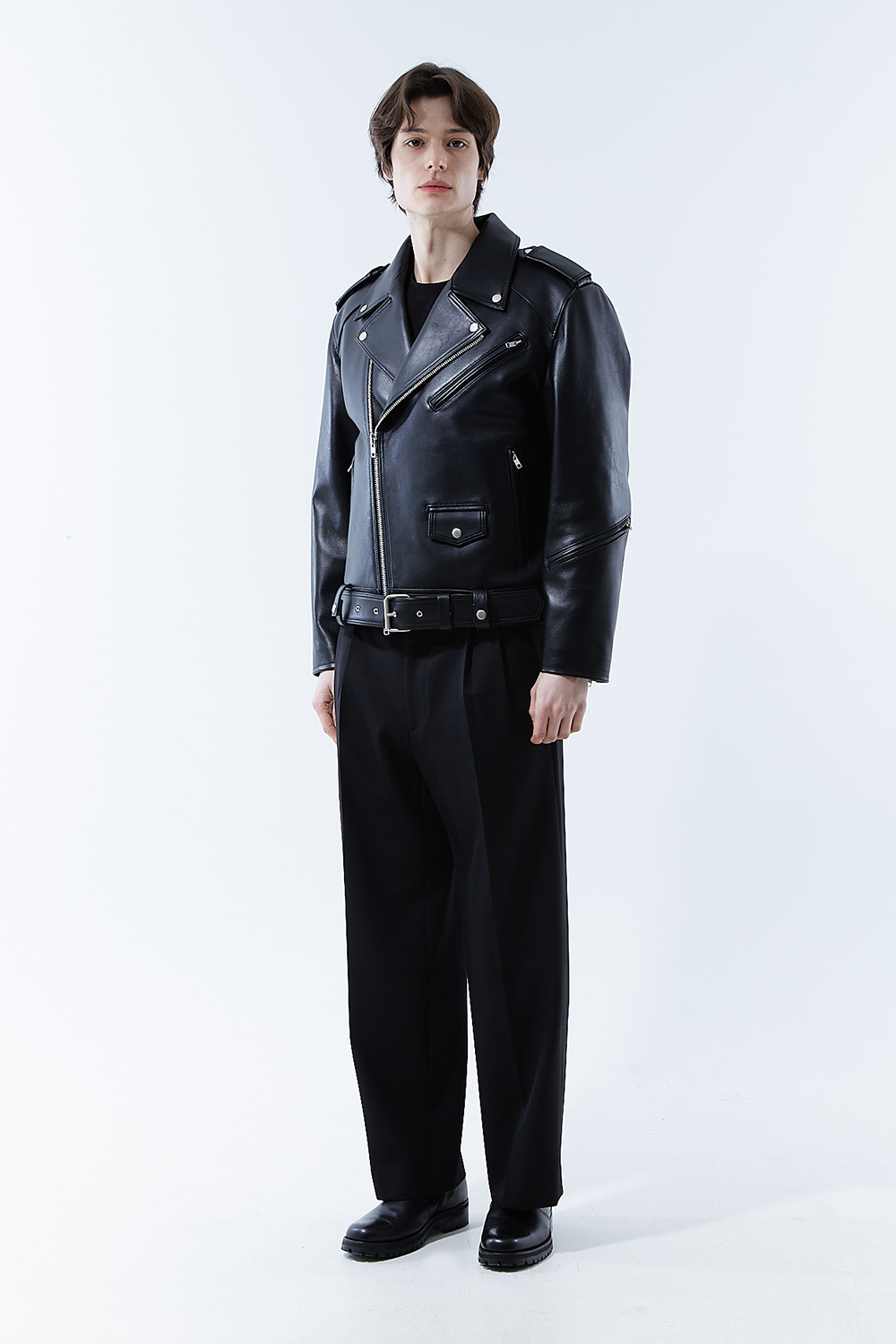 HIGH-END 스페셜 에디션 이중 여유분 벨트 딥-블랙 가죽자켓 라이더자켓