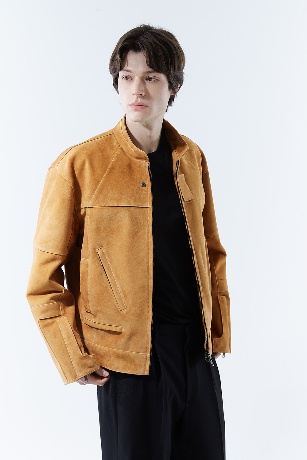 HIGH-END 리미티드-에디션 하이브리드 바이커 골드-카멜 스웨이드자켓