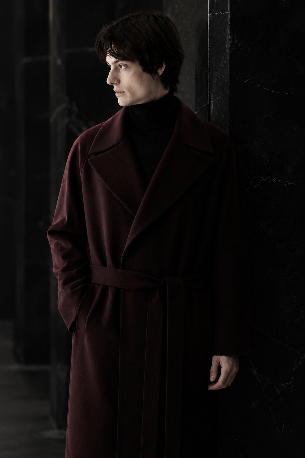 LUXURY 캐시미어 50% 로브코트 이중어깨선 버건디-와인 벨트 슈퍼 롱코트