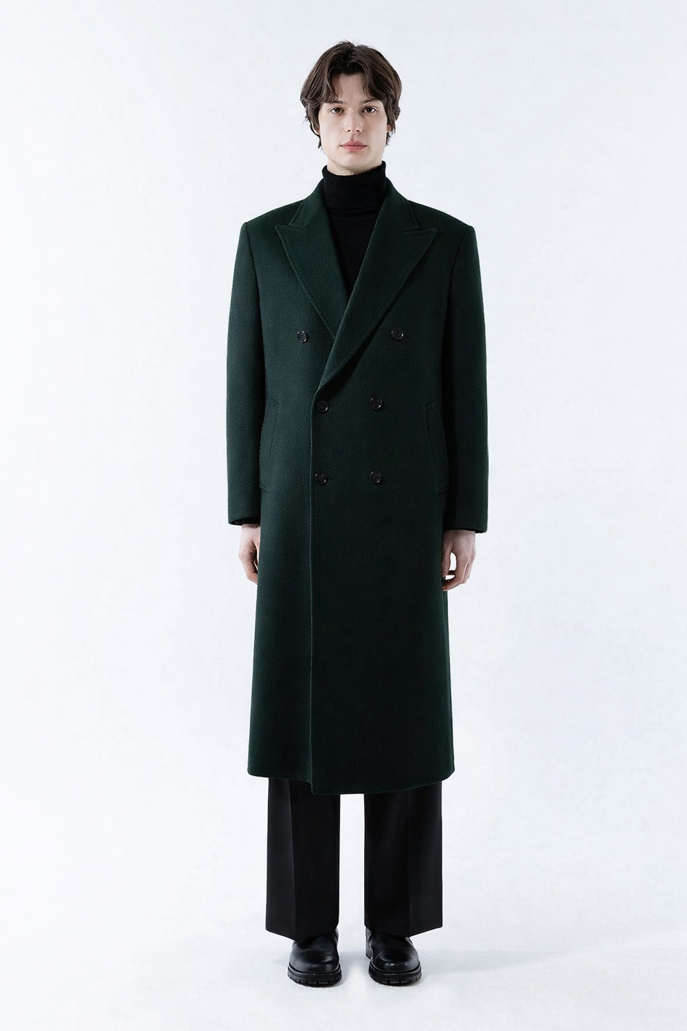 LUXURY 캐시미어 50% 호시스티치 더블 옆포켓 딥-그린 슈퍼 롱코트