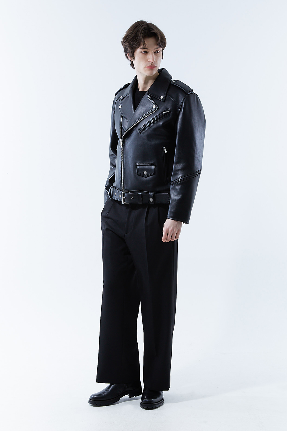 HIGH-END 스페셜 에디션 이중 여유분 벨트 딥-블랙 가죽자켓 라이더자켓