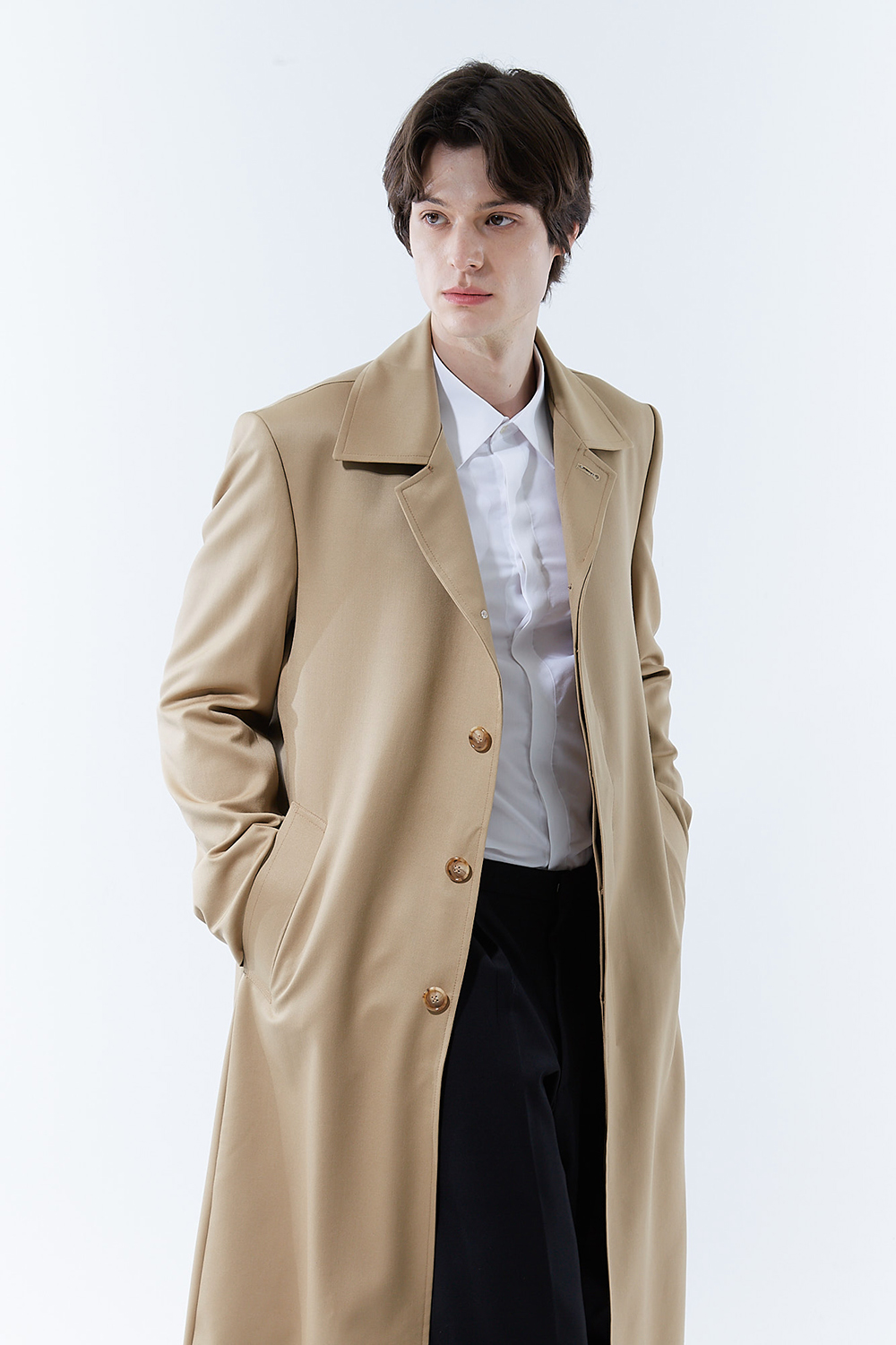 ESSENTIAL 코튼 100% 발마칸 맥코트 미니멀 딥-베이지 롱코트