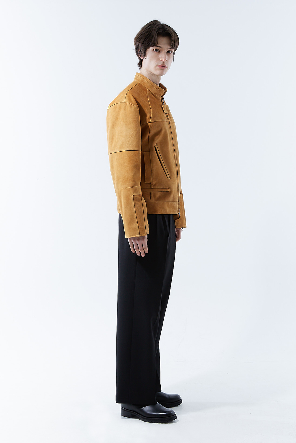 HIGH-END 리미티드-에디션 하이브리드 바이커 골드-카멜 스웨이드자켓