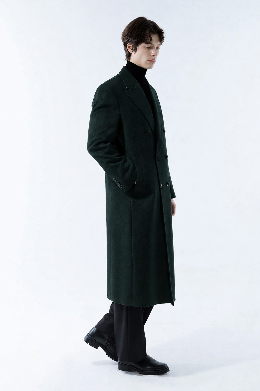 LUXURY 캐시미어 50% 호시스티치 더블 옆포켓 딥-그린 슈퍼 롱코트