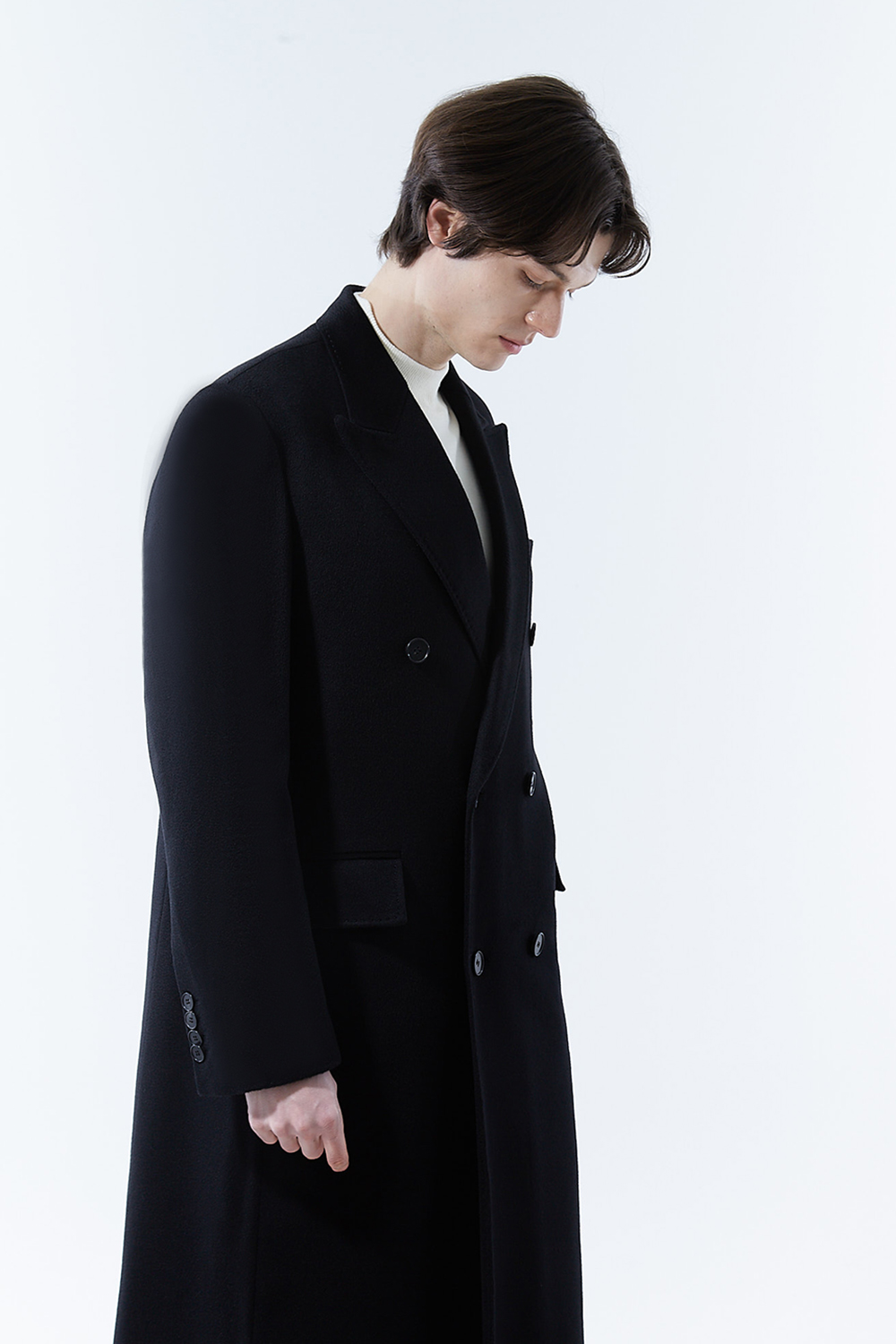 LUXURY 캐시미어 50% 테일러드 호시스티치 더블 딥-블랙 슈퍼 롱코트