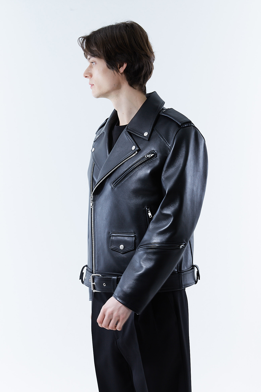HIGH-END 스페셜 에디션 이중 여유분 벨트 딥-블랙 가죽자켓 라이더자켓