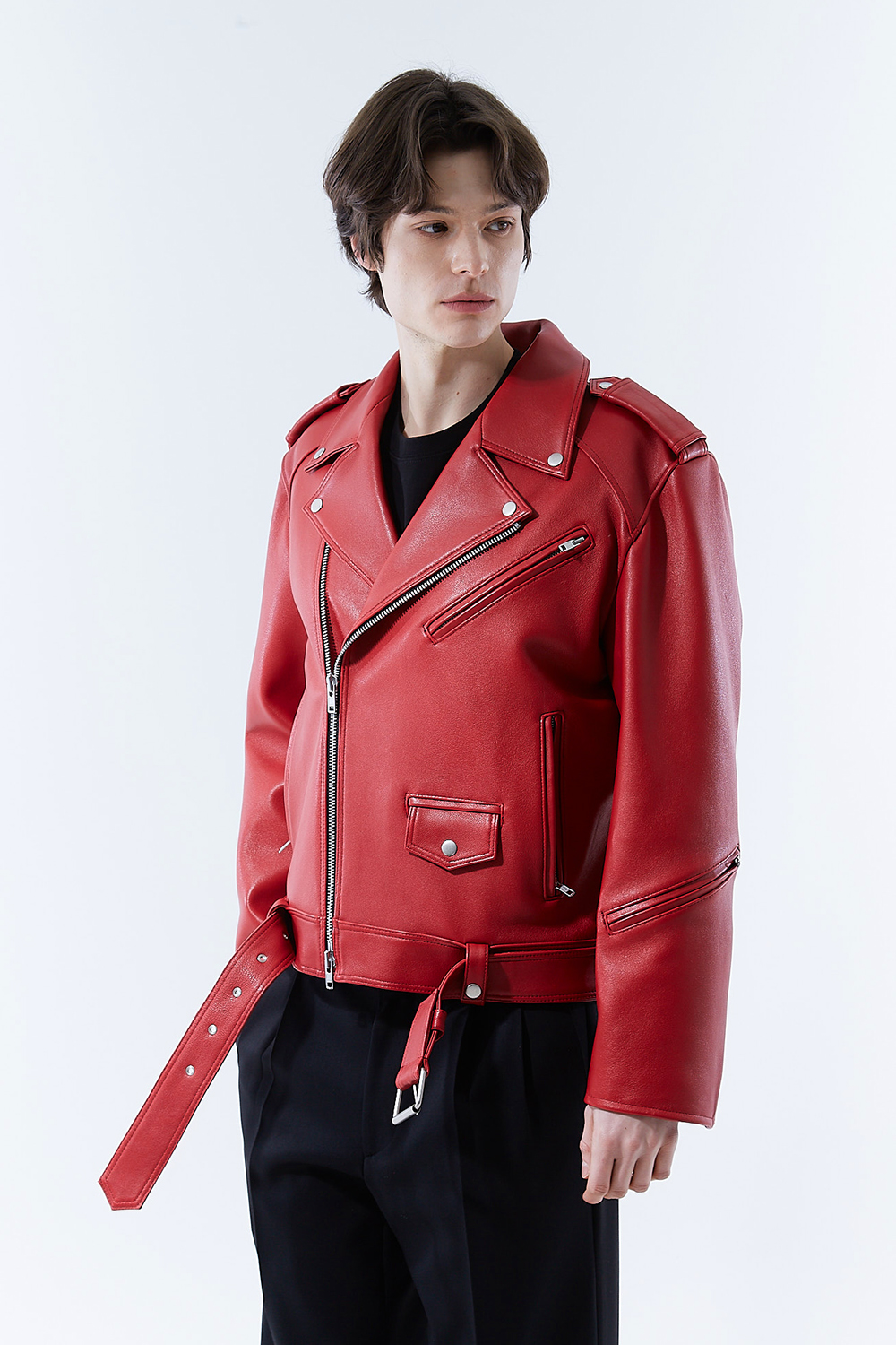 HIGH-END 스페셜 에디션 이중 여유분 벨트 딥-레드 가죽자켓 라이더자켓