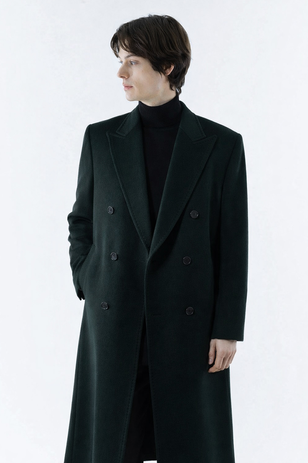 LUXURY 캐시미어 50% 호시스티치 더블 옆포켓 딥-그린 슈퍼 롱코트