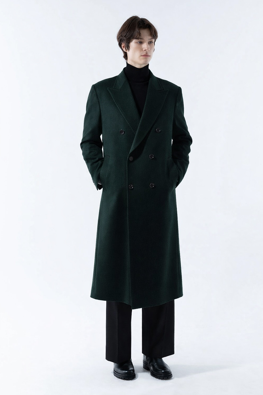 LUXURY 캐시미어 50% 호시스티치 더블 옆포켓 딥-그린 슈퍼 롱코트