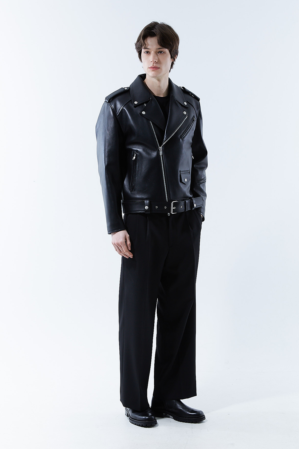 HIGH-END 스페셜 에디션 이중 여유분 벨트 딥-블랙 가죽자켓 라이더자켓