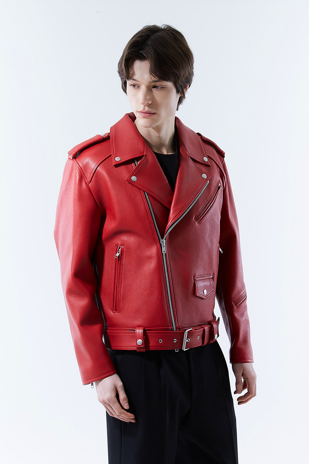 HIGH-END 스페셜 에디션 이중 여유분 벨트 딥-레드 가죽자켓 라이더자켓