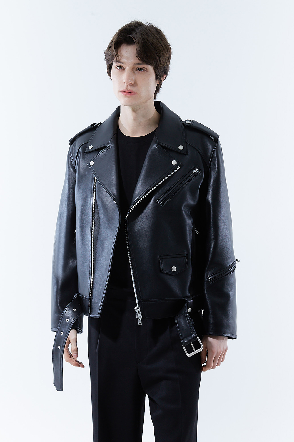 HIGH-END 스페셜 에디션 이중 여유분 벨트 딥-블랙 가죽자켓 라이더자켓