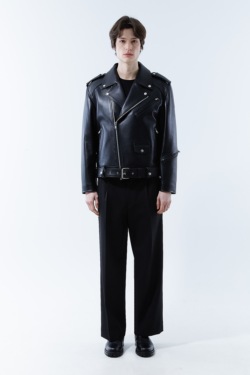 HIGH-END 스페셜 에디션 이중 여유분 벨트 딥-블랙 가죽자켓 라이더자켓
