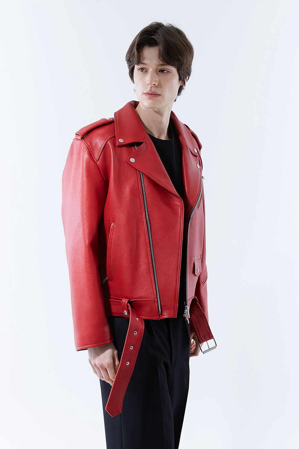 HIGH-END 스페셜 에디션 이중 여유분 벨트 딥-레드 가죽자켓 라이더자켓