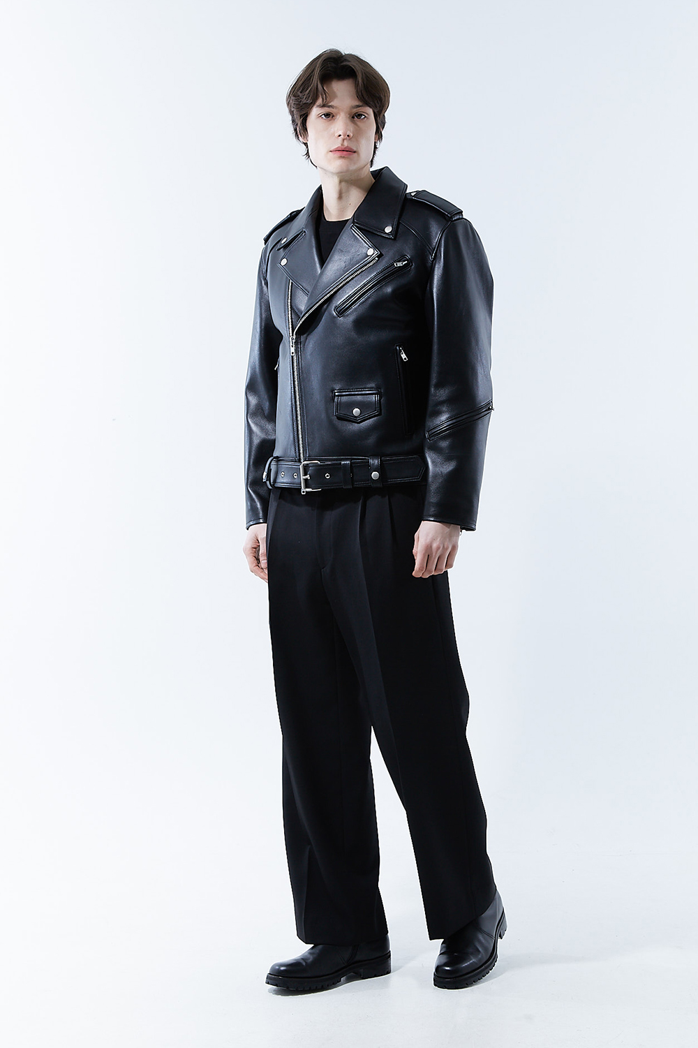 HIGH-END 스페셜 에디션 이중 여유분 벨트 딥-블랙 가죽자켓 라이더자켓