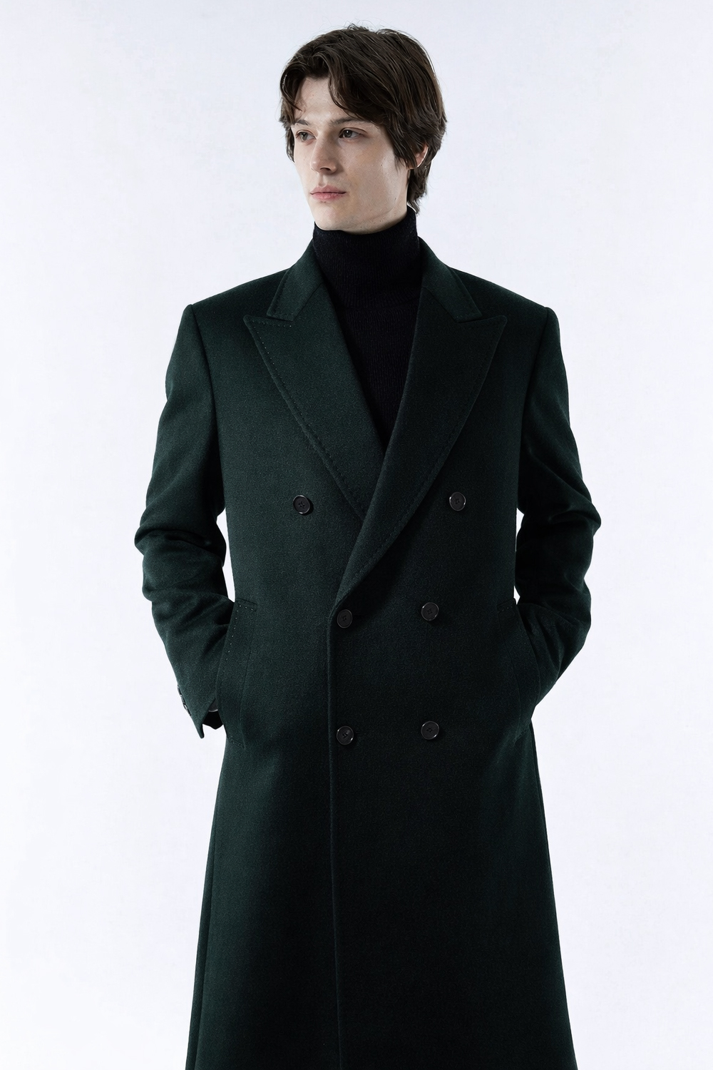 LUXURY 캐시미어 50% 호시스티치 더블 옆포켓 딥-그린 슈퍼 롱코트