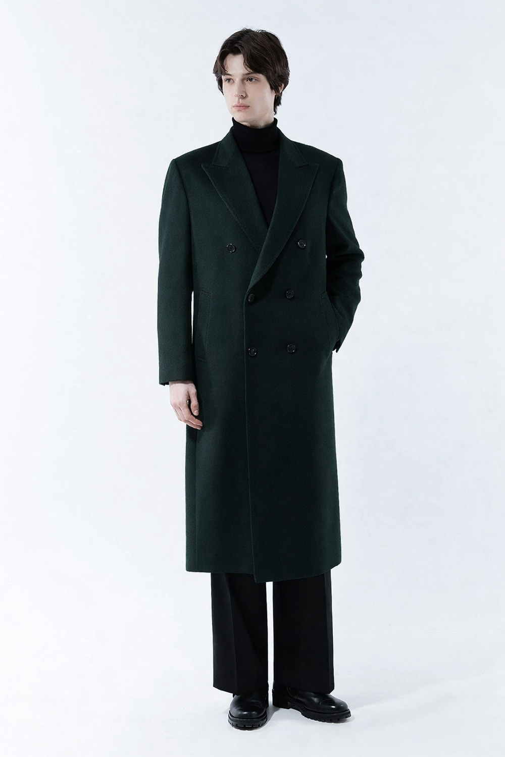 LUXURY 캐시미어 50% 호시스티치 더블 옆포켓 딥-그린 슈퍼 롱코트