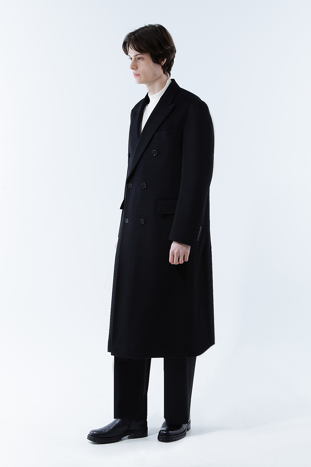 LUXURY 캐시미어 50% 테일러드 호시스티치 더블 딥-블랙 슈퍼 롱코트