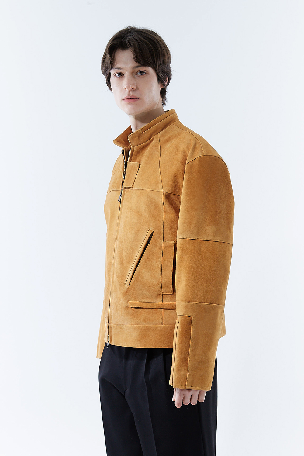 HIGH-END 리미티드-에디션 하이브리드 바이커 골드-카멜 스웨이드자켓