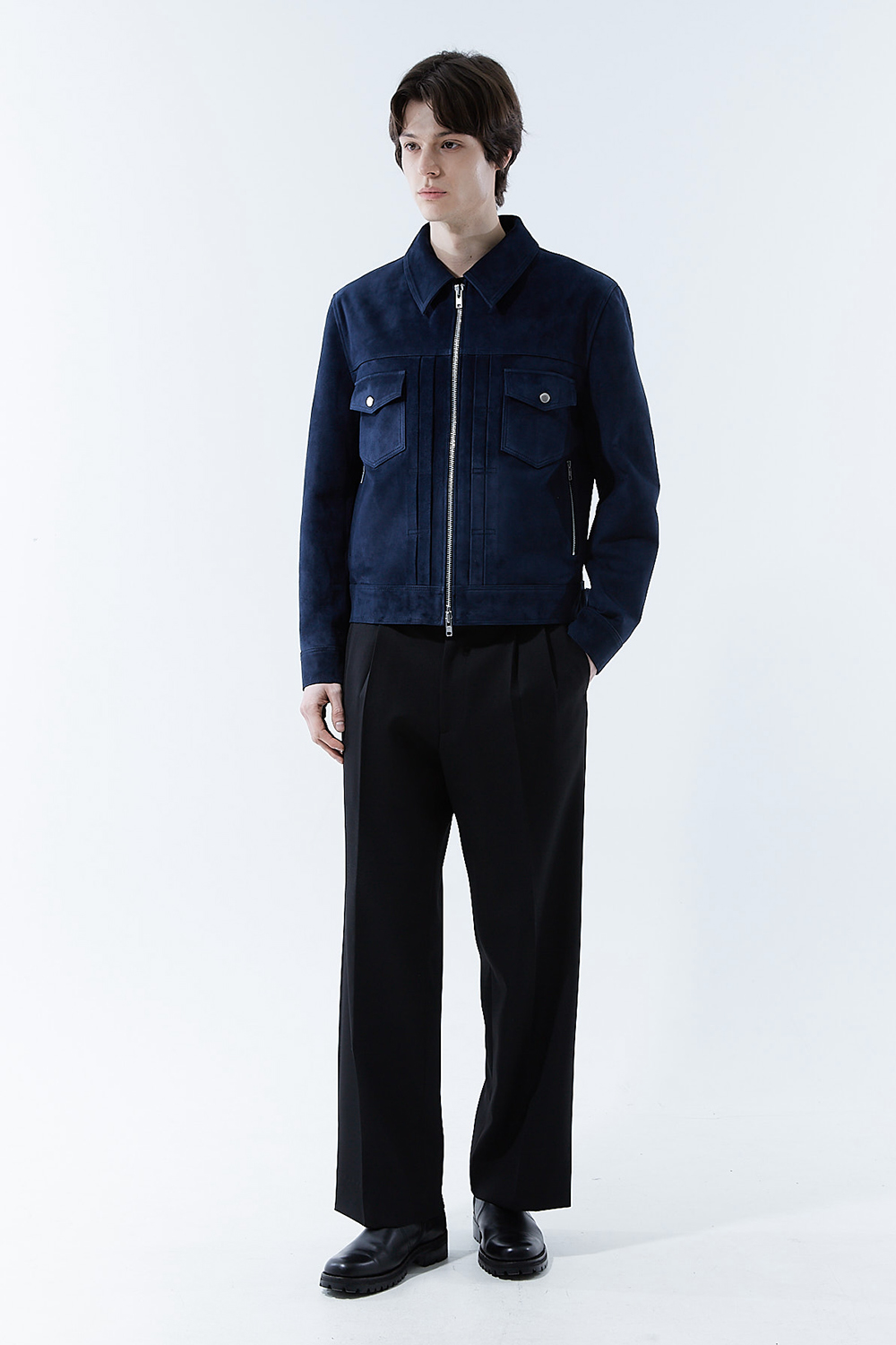 LUXURY 트러커 핀턱 투웨이지퍼 딥-네이비 스웨이드자켓