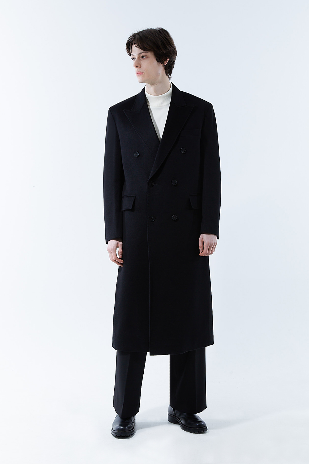 LUXURY 캐시미어 50% 테일러드 호시스티치 더블 딥-블랙 슈퍼 롱코트