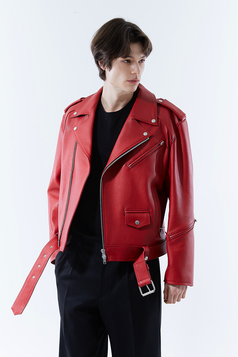 HIGH-END 스페셜 에디션 이중 여유분 벨트 딥-레드 가죽자켓 라이더자켓