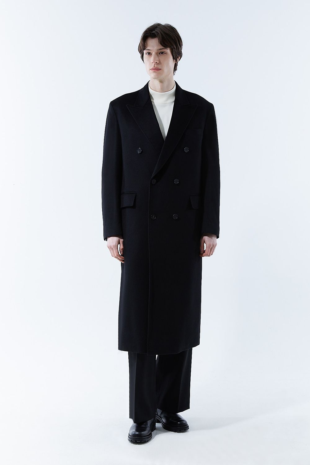 LUXURY 캐시미어 50% 테일러드 호시스티치 더블 딥-블랙 슈퍼 롱코트