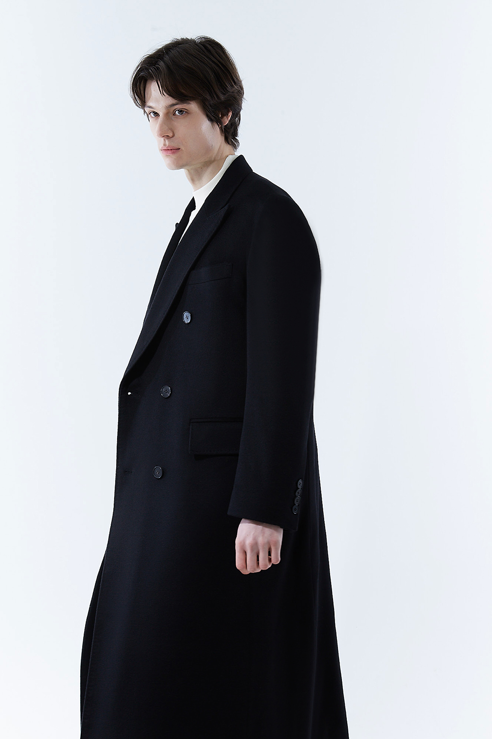 LUXURY 캐시미어 50% 테일러드 호시스티치 더블 딥-블랙 슈퍼 롱코트