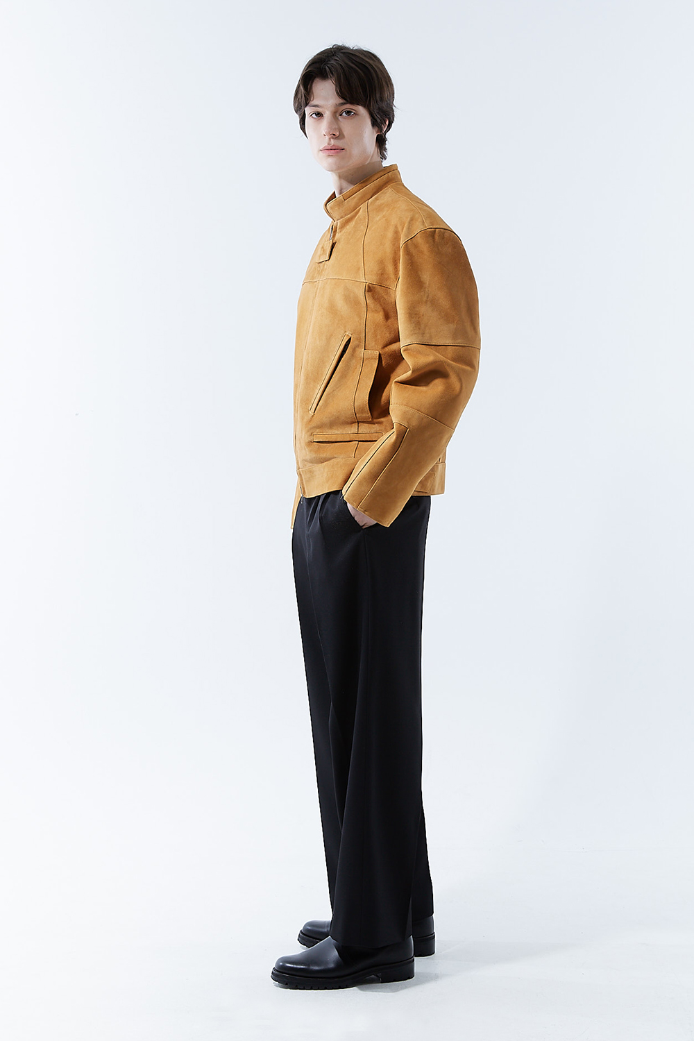 HIGH-END 리미티드-에디션 하이브리드 바이커 골드-카멜 스웨이드자켓