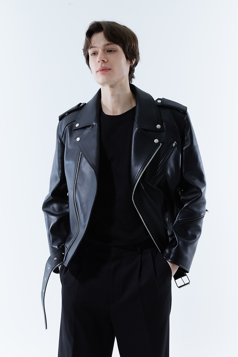 HIGH-END 스페셜 에디션 이중 여유분 벨트 딥-블랙 가죽자켓 라이더자켓